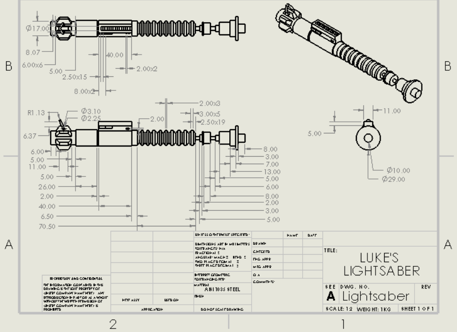 R2-D2 lightsaber engineering drawing